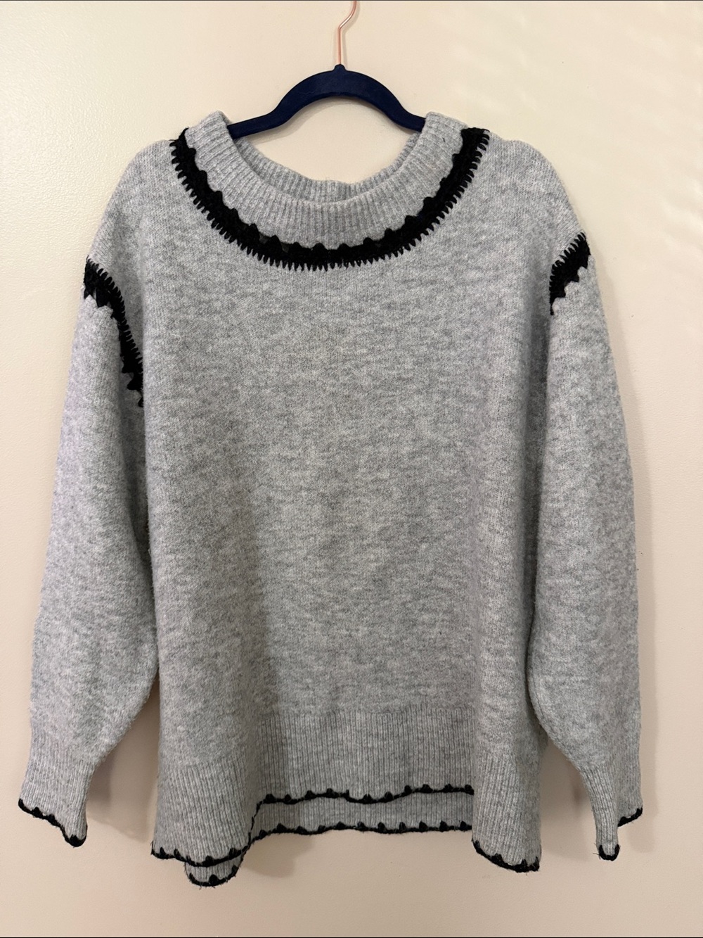Zara Light Gray Crewneck Sweater with Black Trim
